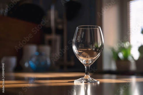 Single empty wine glass on kitchen counter. Generative AI illustration