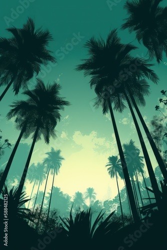 Tropical sunset with trees in persian green shades