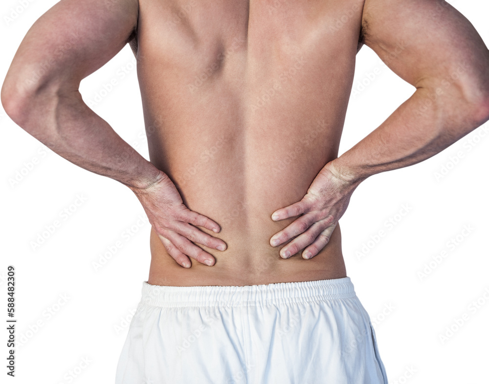 Man undergoing back pain against white background