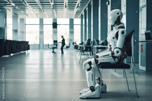 AI robot sitting on a chair, waiting for a job interview. Future concept. High quality generative ai
