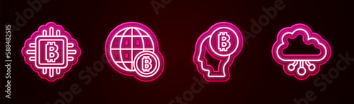 Set line CPU mining farm, Globe Bitcoin, think and Cryptocurrency cloud. Glowing neon icon. Vector