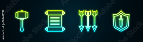 Set line Hammer, Decree, parchment, scroll, Crossed arrows and Medieval shield with sword. Glowing neon icon. Vector