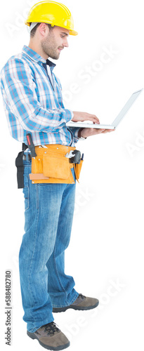 Full length of repairman using laptop