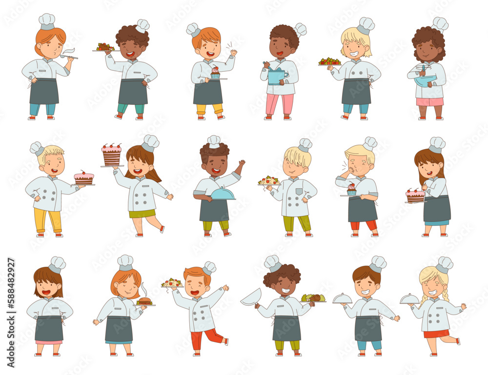 Children Chef in White Toque and Uniform Engaged in Food Preparation Big Vector Set