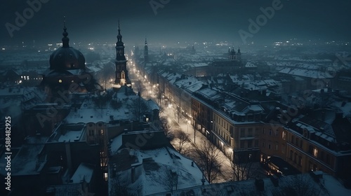 winter european city by night