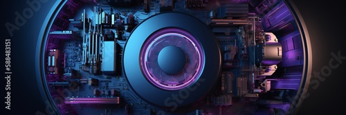 abstract metallic high-tech supercomputer in purple colors, futuristic processor design, generative ai