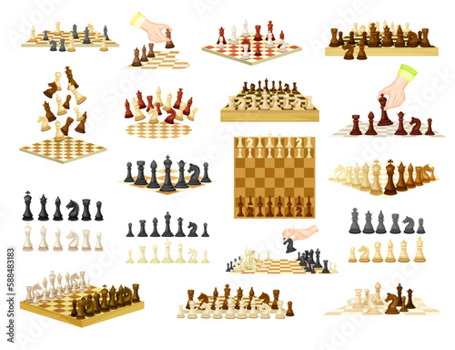 Chess as Strategy Board Game with Chessboard and Chess Pieces Big Vector Set