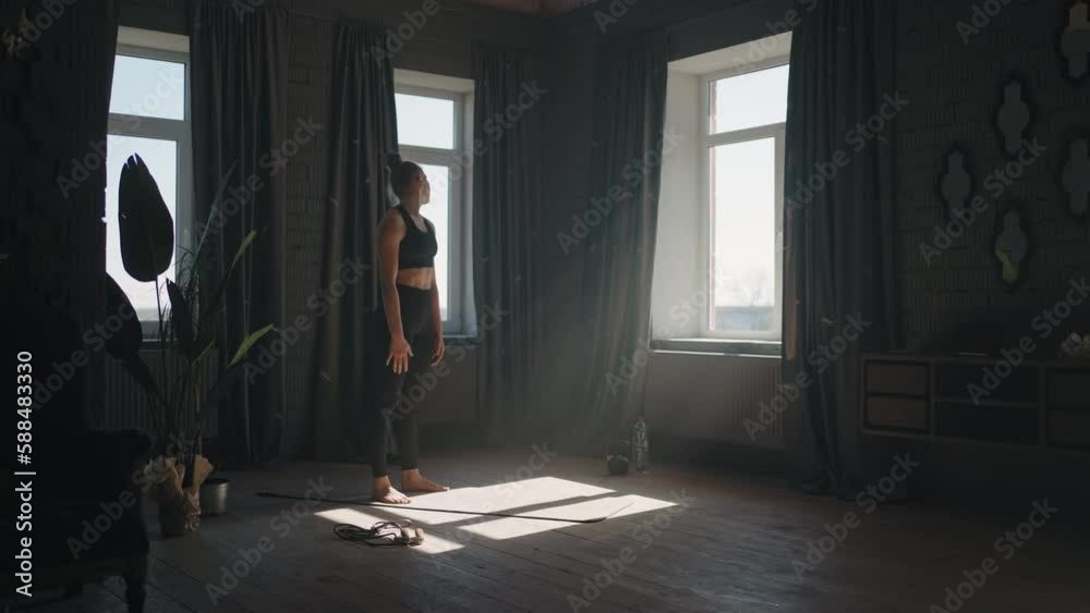 Slender Girl In Sportswear Training Alone At Home, Doing Morning Gymnastics, Sport Activities Slender Girl In Sportswear Training Alone At Home, Doing Morning Gymnastics, Sport Activities