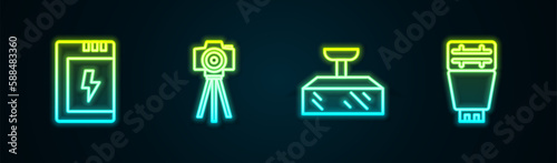 Set line Battery for camera, Photo, Softbox light and flash. Glowing neon icon. Vector