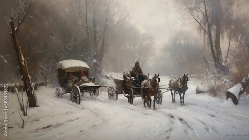 "Generative AI - Vintage Horse-Drawn Carriage in Snowy Landscape"