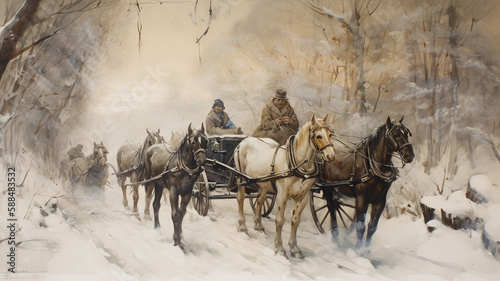 "Generative AI - Vintage Horse-Drawn Carriage in Snowy Landscape"