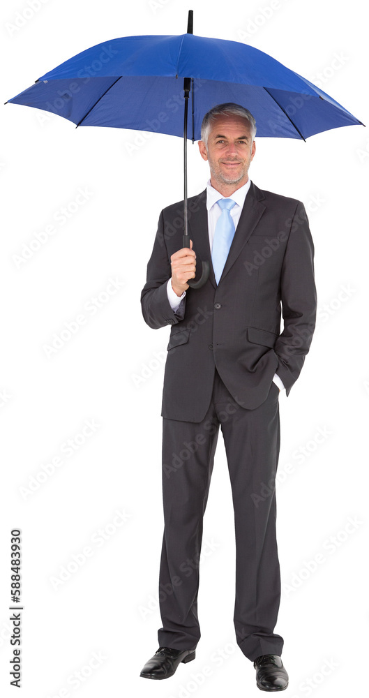 Businessman smiling at camera and holding blue umbrella Businessman smiling at camera and holding blue umbrella