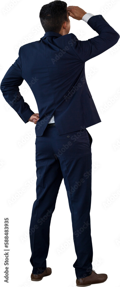 Rear view of businessman shielding eyes Rear view of businessman shielding eyes