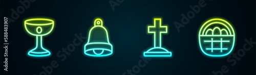 Set line Christian chalice, Church bell, Grave with cross and Basket easter eggs. Glowing neon icon. Vector