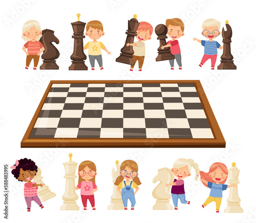 Cute Kids Playing Chess Moving Piece on Chessboard Big Vector Set