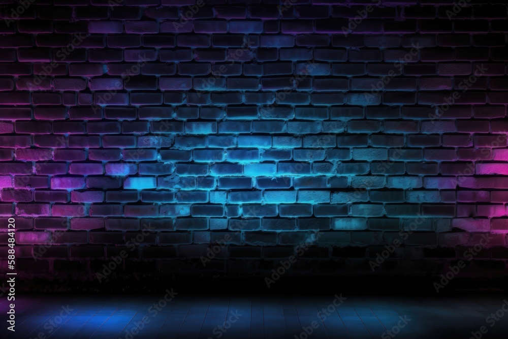 Black brick wall background with neon lighting effect from pink and purple to blue. AI generated Black brick wall background with neon lighting effect from pink and purple to blue. AI generated