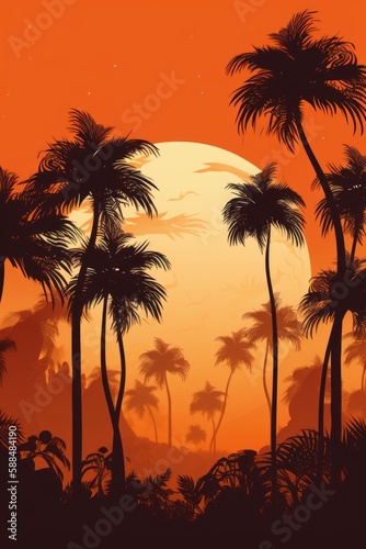 Tropical Susnet with palm trees in shades of bittersweet color.