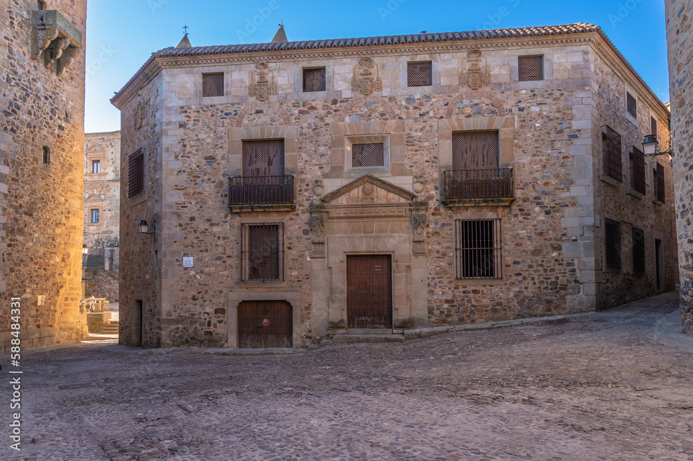 View of the square named Plaza de los Golfines in this roman village namely the Old Town Area in Cáceres, Spain.
