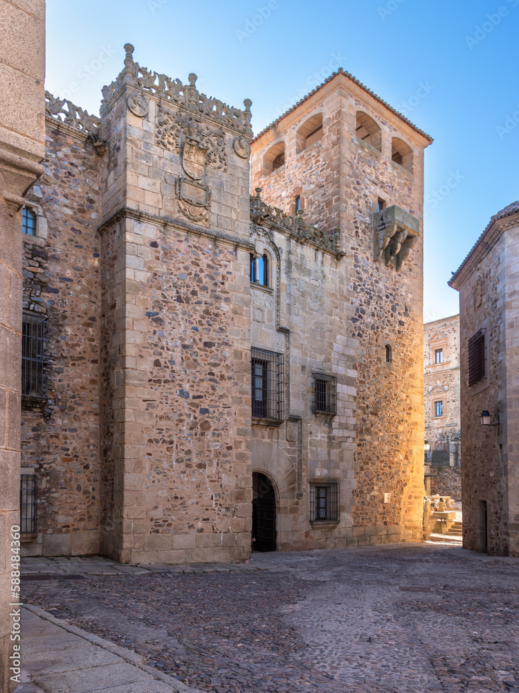 View of the square named Plaza de los Golfines in this roman village namely the Old Town Area in Cáceres, Spain.