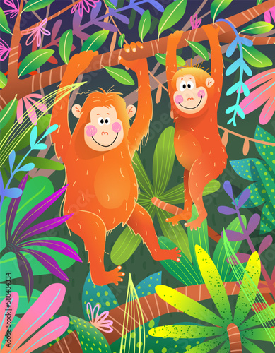 Monkey hanging in Colorful Wild African Jungle illustration for kids. Vibrant and playful orangutang design of African animals in the rainforest. Monkeys in jungle vector graphic design for children.