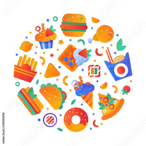 Fast Food Snack and Tasty Meal Round Arrangement Vector Template