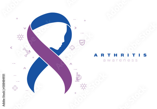 Arthritis awareness. Blue purple ribbon awareness for rheumatoid arthritis illness disease. Blue and purple ribbon