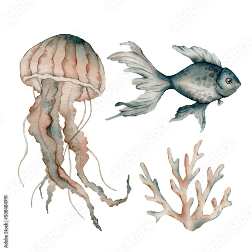 Set of sea animals poster. Blue, greeen, brown watercolor ocean shell, fish aquarium, coral, medusa. Nautical wildlife marine illustration photo
