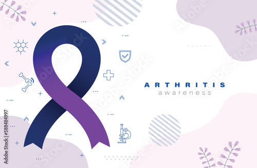 Arthritis awareness. Blue purple ribbon awareness for rheumatoid arthritis illness disease. Blue and purple ribbon
