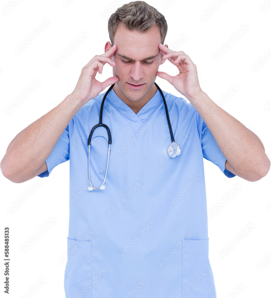 Male surgeon suffering from headache Male surgeon suffering from headache
