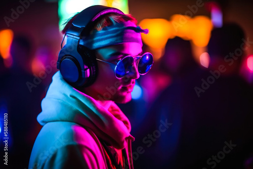 DJ with headphones at night club party under the blue and pink neon lights with people crowd in background. High quality generative AI © MVProductions