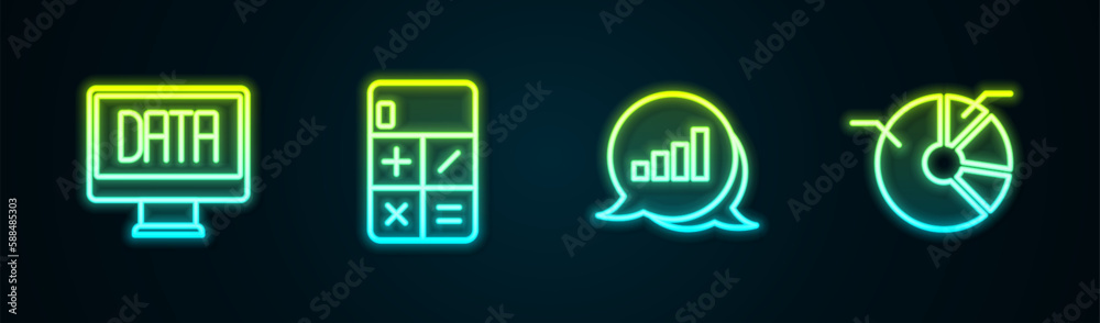 Set line Data analysis, Calculator, Pie chart infographic and . Glowing neon icon. Vector Set line Data analysis, Calculator, Pie chart infographic and . Glowing neon icon. Vector