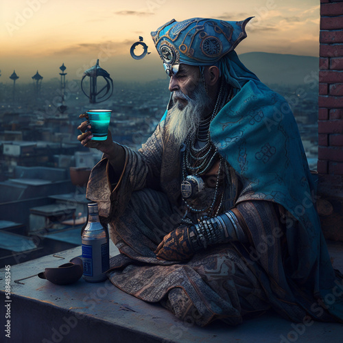 A Turkish sufi practitioner drinking mint tea on a rooftop photo
