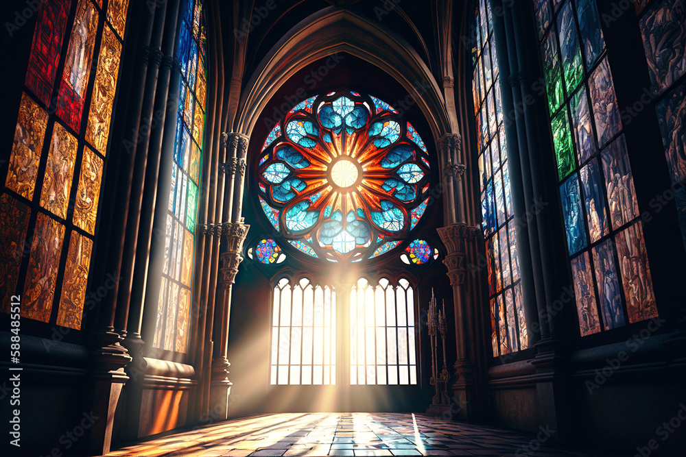 stained glass window of the cathedral with piercing rays of bright sunlight shining in the aisle, church, catholic generative ai	
 - obrazy, fototapety, plakaty 