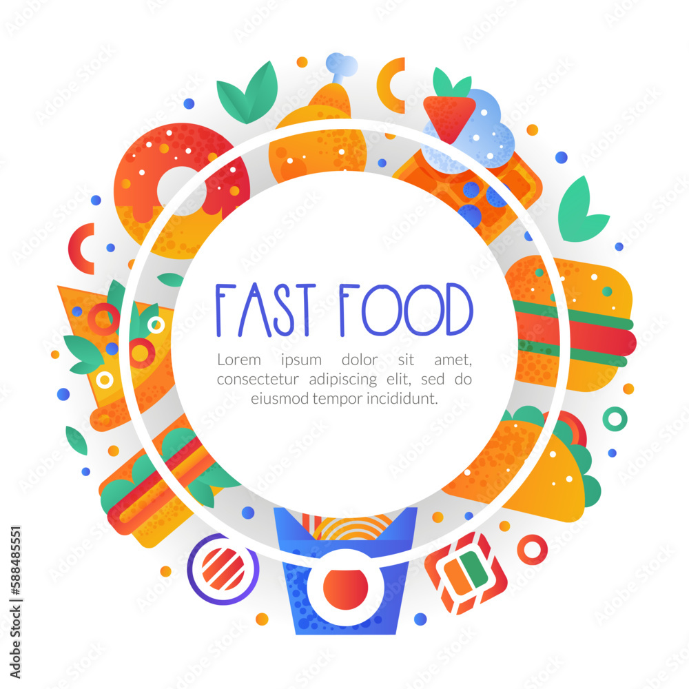 Fast Food Snack and Tasty Meal Round Banner Vector Template