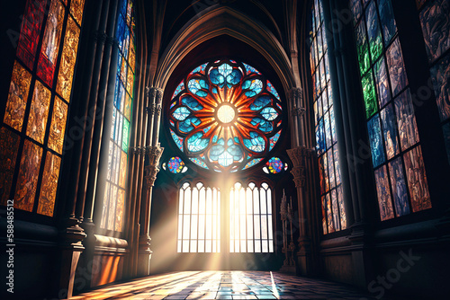 stained glass window of the cathedral with piercing rays of bright sunlight shining in the aisle, church, catholic generative ai	
