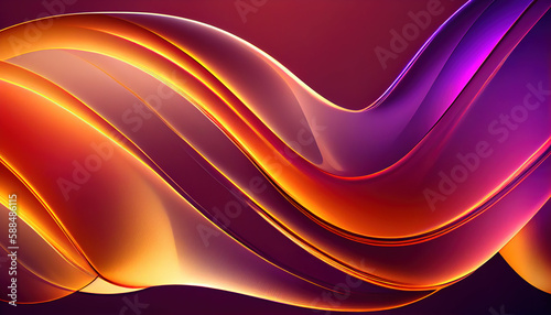 Abstract Shiny neon glass translucent wavy composition with gradient transition, purple orange magenta pink maroon yellow elegant clean background - generative AI.