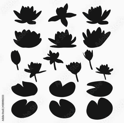 Real modern silhouettes plants, herbs. Drawing flowers water lily, nymphaea. Flat design art design template.