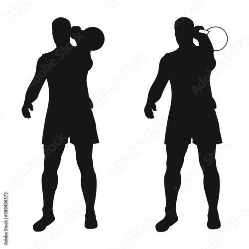 Set silhouettes athletes weight lifter lift kettlebell, weights. Weight lifting. Pull, push, bench press