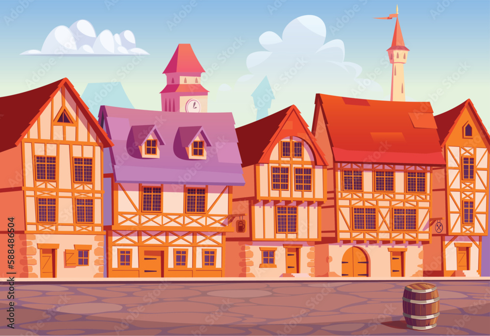 Ταπετσαρία Medieval town street ,row houses ,vector illustration