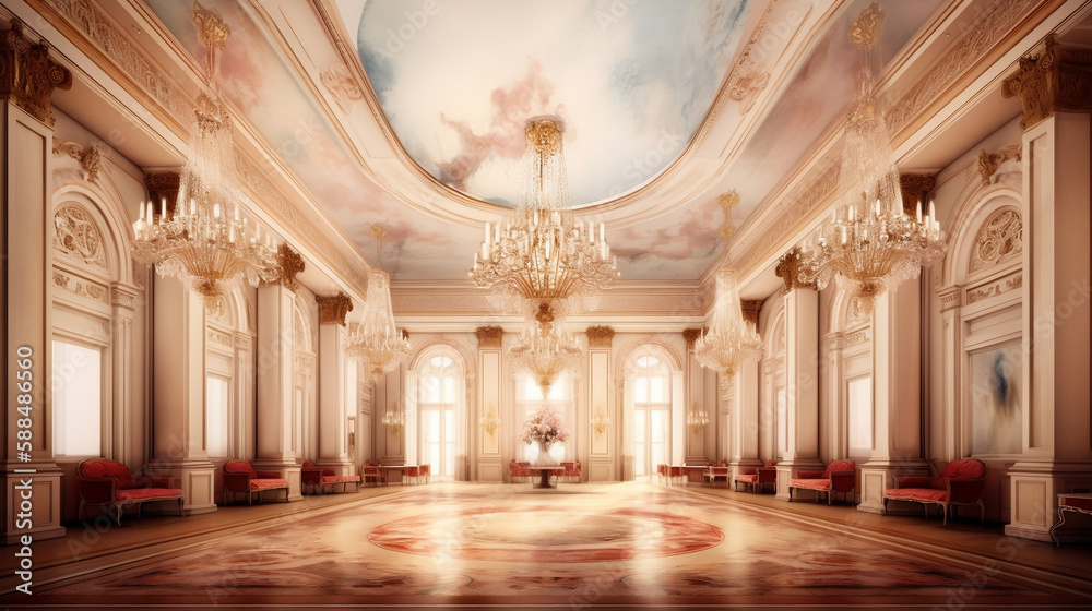 Luxurious classical ballroom as digital interior design illustration. Generative ai