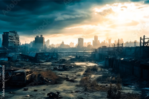 Post apocalyptic city view cityscape. City in ruins. Dystopian future. Generative ai © MVProductions