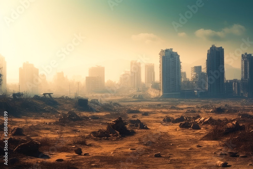 Post apocalyptic city view cityscape. City in ruins. Dystopian future. Generative ai