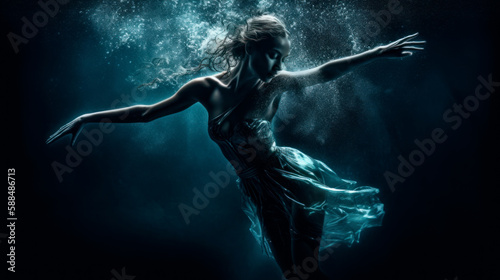 Dancing Underwater  A Beautiful Ballerina Performing a Mesmerizing Dance in Aquatic Environment  Generative AI