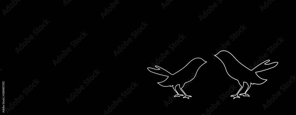 Birds Couple Line Art Drawing. Couple of Birds from white outline on black background One Line Drawing. 