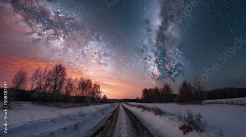 Road leading towards colorful sunrise. Generative AI © AdriFerrer