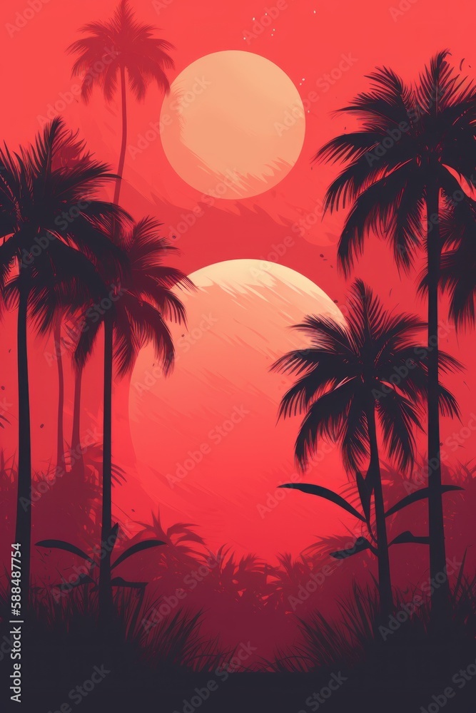 Tropical sunset with palm trees.