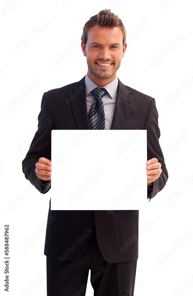 Handsome smiling businessman showing a white card Handsome smiling businessman showing a white card