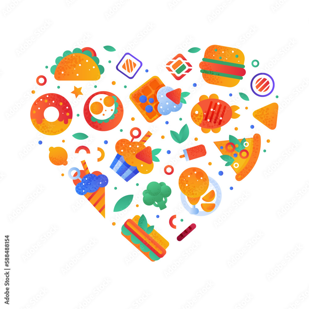 Fast Food Snack and Tasty Meal Heart Shaped Arrangement Vector Template