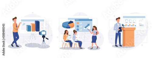 Coach speaking collection of scenes isolated. People learn at business training, career development, set in flat design. Vector illustration for blogging, website, mobile app, promotional materials.