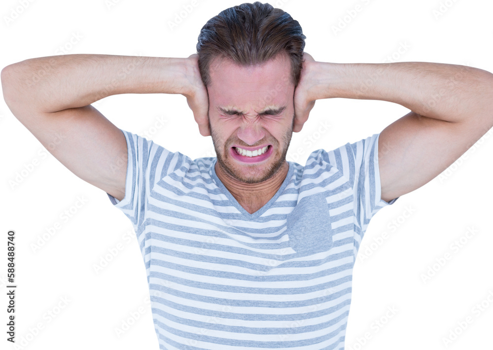 Handsome casual man screaming with hand on ears Handsome casual man screaming with hand on ears